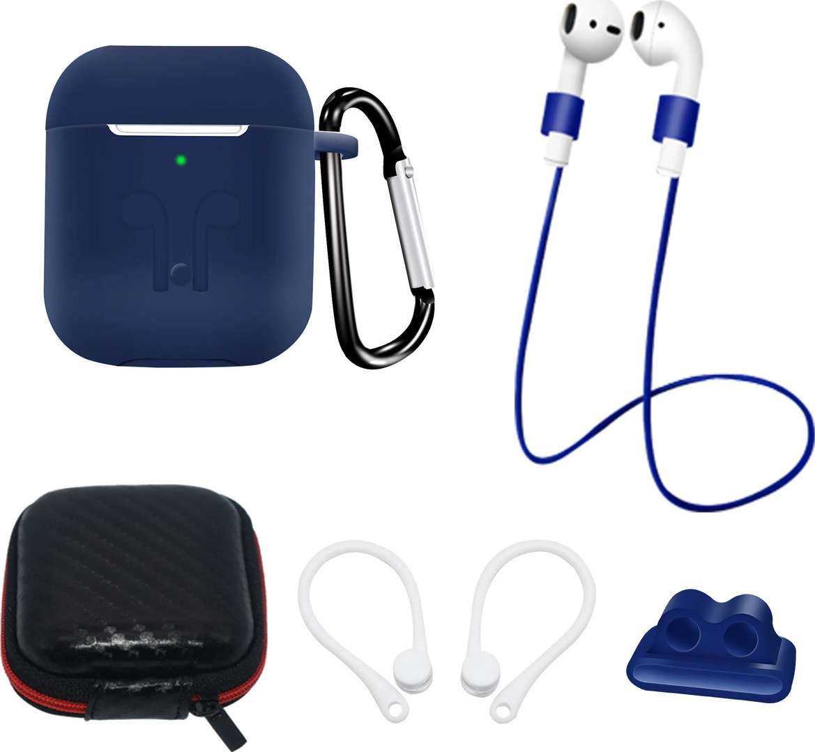 Sada silikonového pouzdra na AirPods 2 / AirPods 1 + pouzdro / háček za uši / popruh na krk / držák na řemínek na hodinky / karabina - modrá