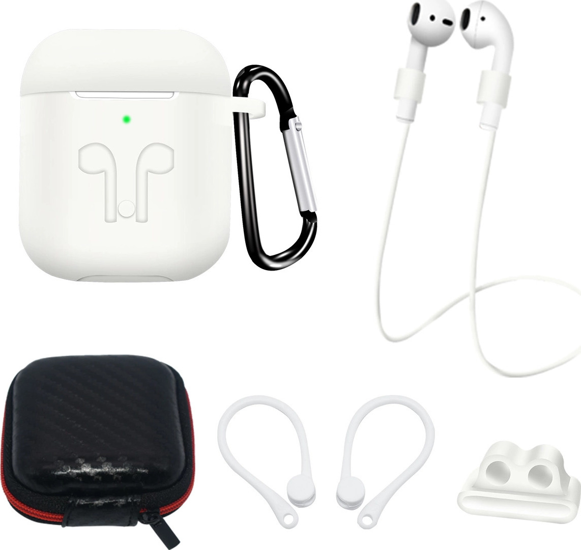 Silikonové pouzdro pro AirPods 2 / AirPods 1 + pouzdro / háček za ucho / popruh na krk / držák na řemínek na hodinky / karabina - bílé