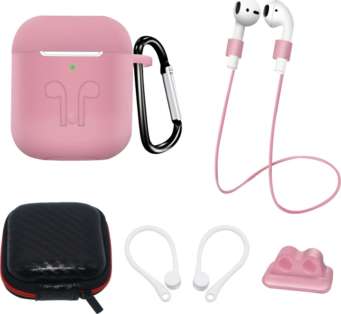 Sada silikonového pouzdra na AirPods 2 / AirPods 1 + pouzdro / háček za uši / popruh na krk / držák na hodinky / karabina - růžová