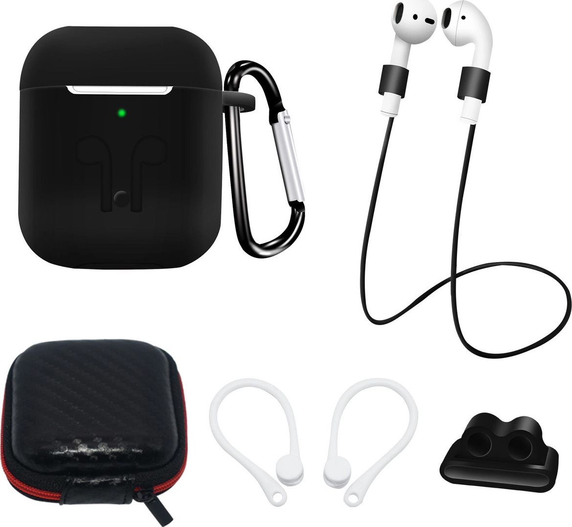 Silikonové pouzdro pro AirPods 2 / AirPods 1 + pouzdro / háček za ucho / popruh na krk / držák na hodinky / karabina - černé