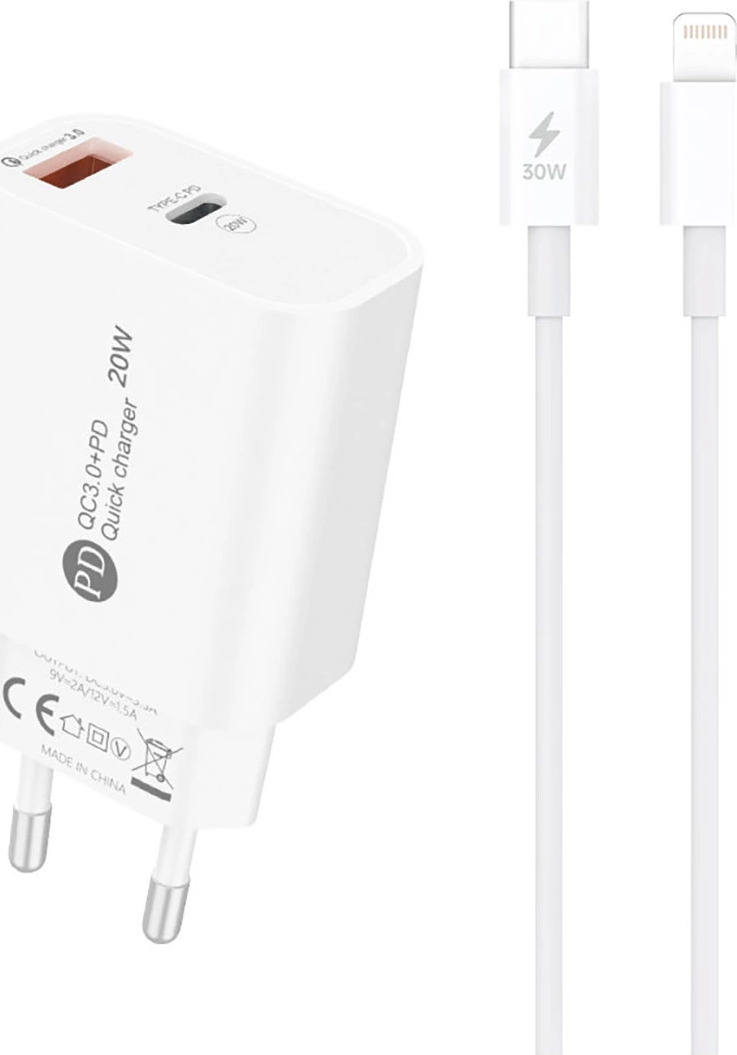 A6MaxL 20W USB-A USB-C nabíječka do zásuvky s 1m kabelem USB-C - Lightning - bílá