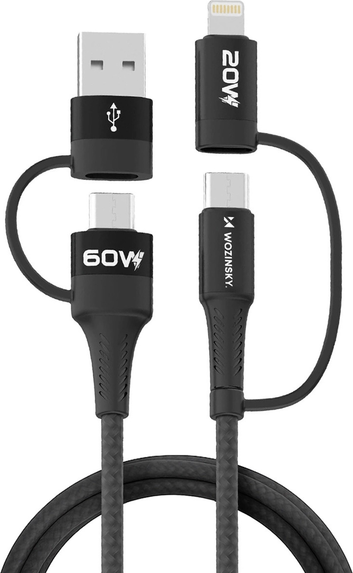 Wozinsky WNBAA 4v1 kabel 2x USB-C 1x USB-A 1x Lightning 60W 1 m - černý