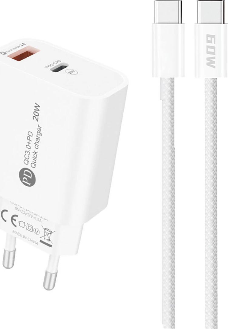 A6MaxL 20W USB-A USB-C nabíječka do zásuvky s kabelem USB-C - USB-C 1m - bílá