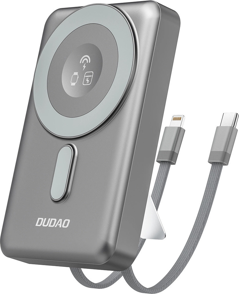 Powerbanka Dudao K29 10000mAh PD 20W MagSafe s kovovým pouzdrem, stojánkem a vestavěnými kabely USB-C/Lightning - šedá