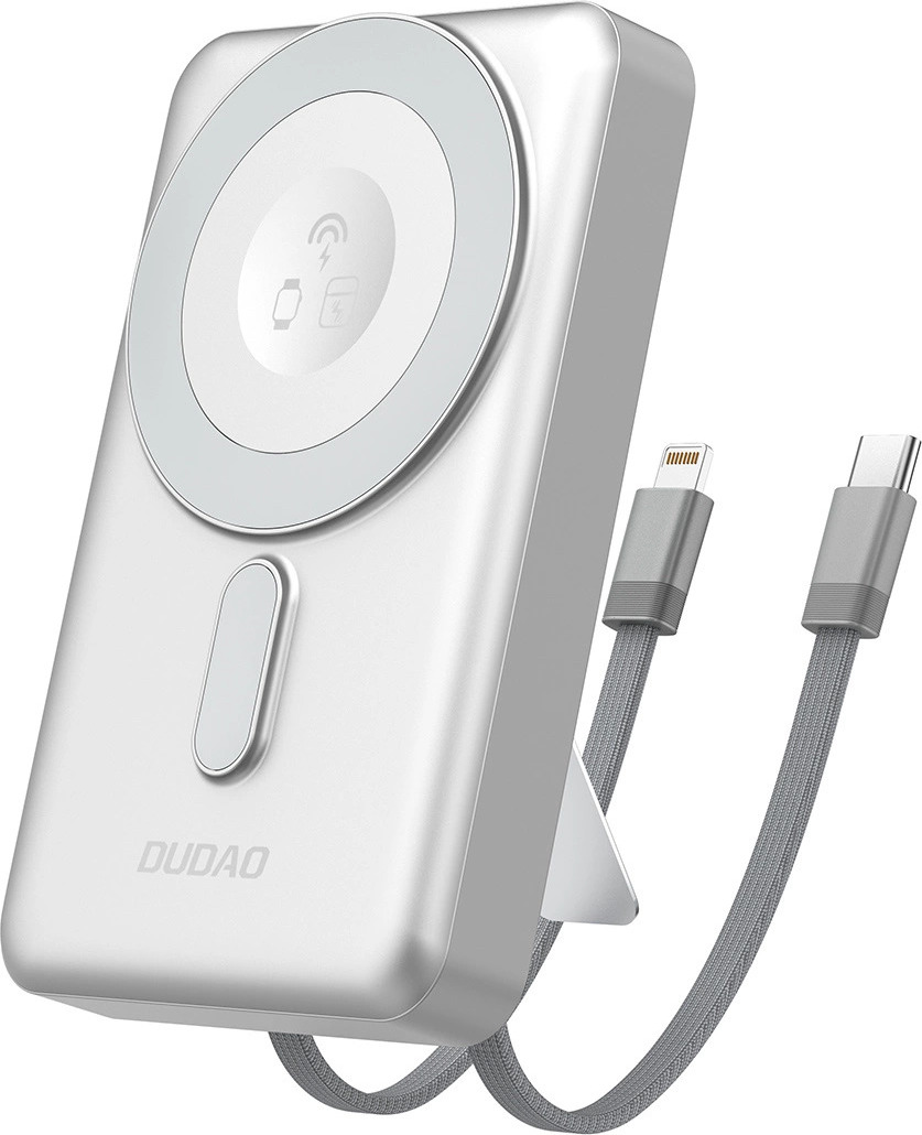 Powerbanka Dudao K29 10000mAh PD 20W MagSafe s kovovým pouzdrem, stojánkem a vestavěnými kabely USB-C/Lightning - stříbrná