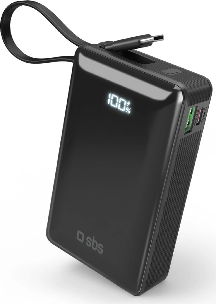 Powerbanka SBS 20000 mAh 20W s vestavěným USB-C kabelem a digitálním displejem - černá