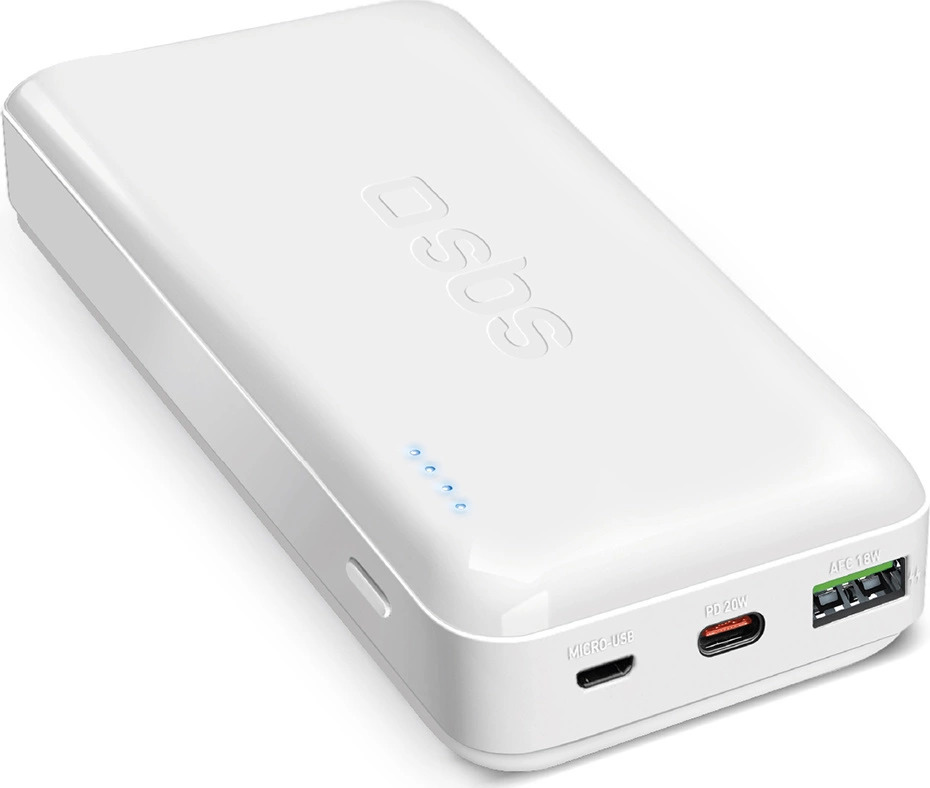 Powerbanka SBS TTBB20000PD20W 20000 mAh 20W Power Delivery s MicroUSB, USB-C, USB-A - bílá
