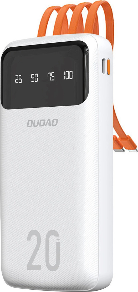 Dudao prostorná powerbanka se 3 vestavěnými kabely 20000mAh USB Type-C + micro USB + Lightning bílá (Dudao K6Pro+)