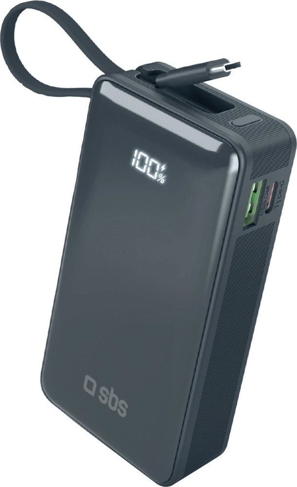 Powerbanka SBS 10000 mAh 20W s vestavěným USB-C kabelem a digitálním displejem - tmavě šedá