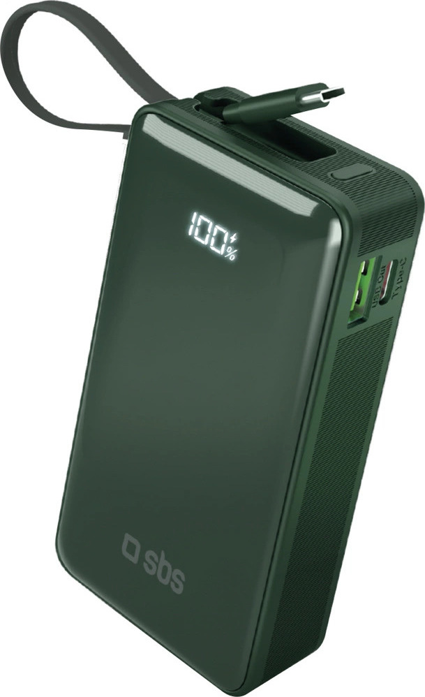 Powerbanka SBS 10000 mAh 20W s vestavěným USB-C kabelem a digitálním displejem - zelená