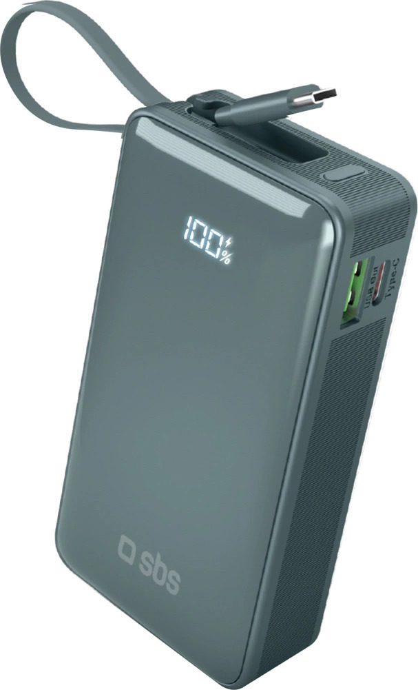 Powerbanka SBS 10000 mAh 20W s vestavěným USB-C kabelem a digitálním displejem - šedá