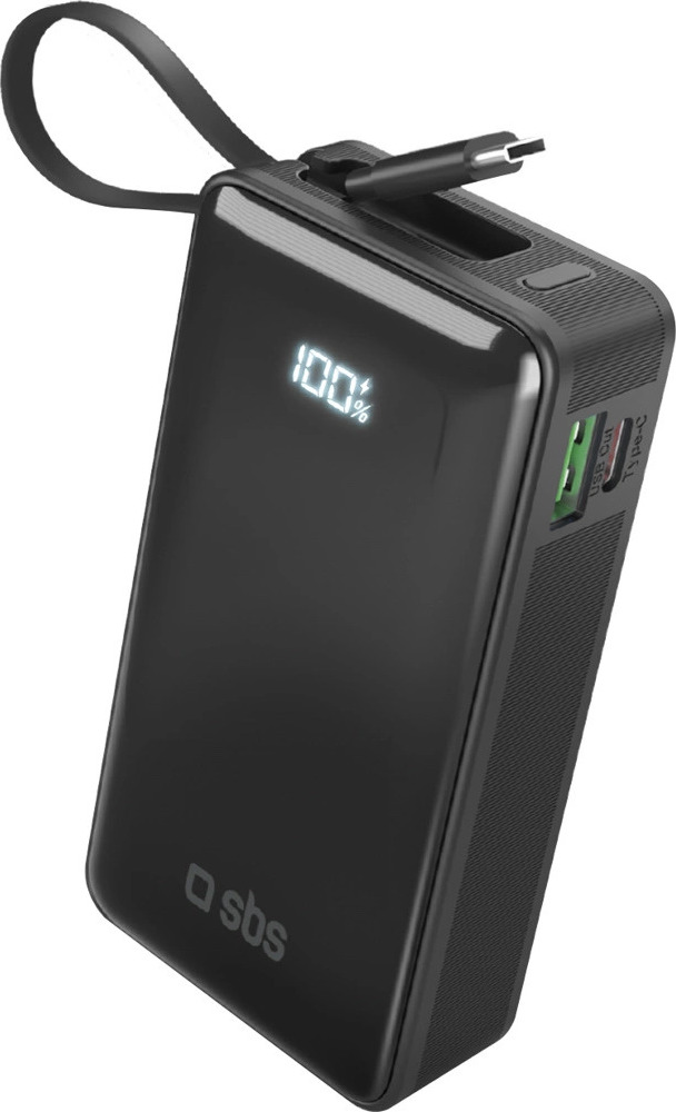 Powerbanka SBS 10000 mAh 20W s vestavěným USB-C kabelem a digitálním displejem - černá