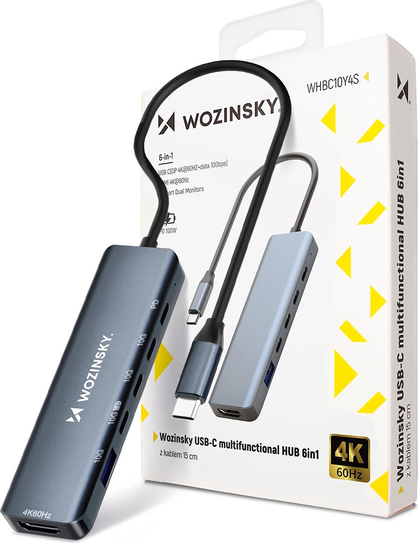 USB-C Hub 6 v 1 Wozinsky WHBC10Y4S Multifunkční, hliníkový, s 25cm kabelem - šedý