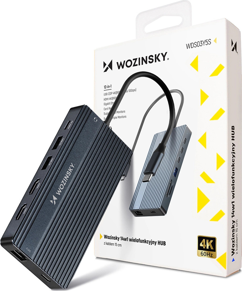 USB-C Hub 14 v 1 Wozinsky WDS03Y5S multifunkční, hliníkový, pro 3 monitory, s 15cm kabelem - šedý