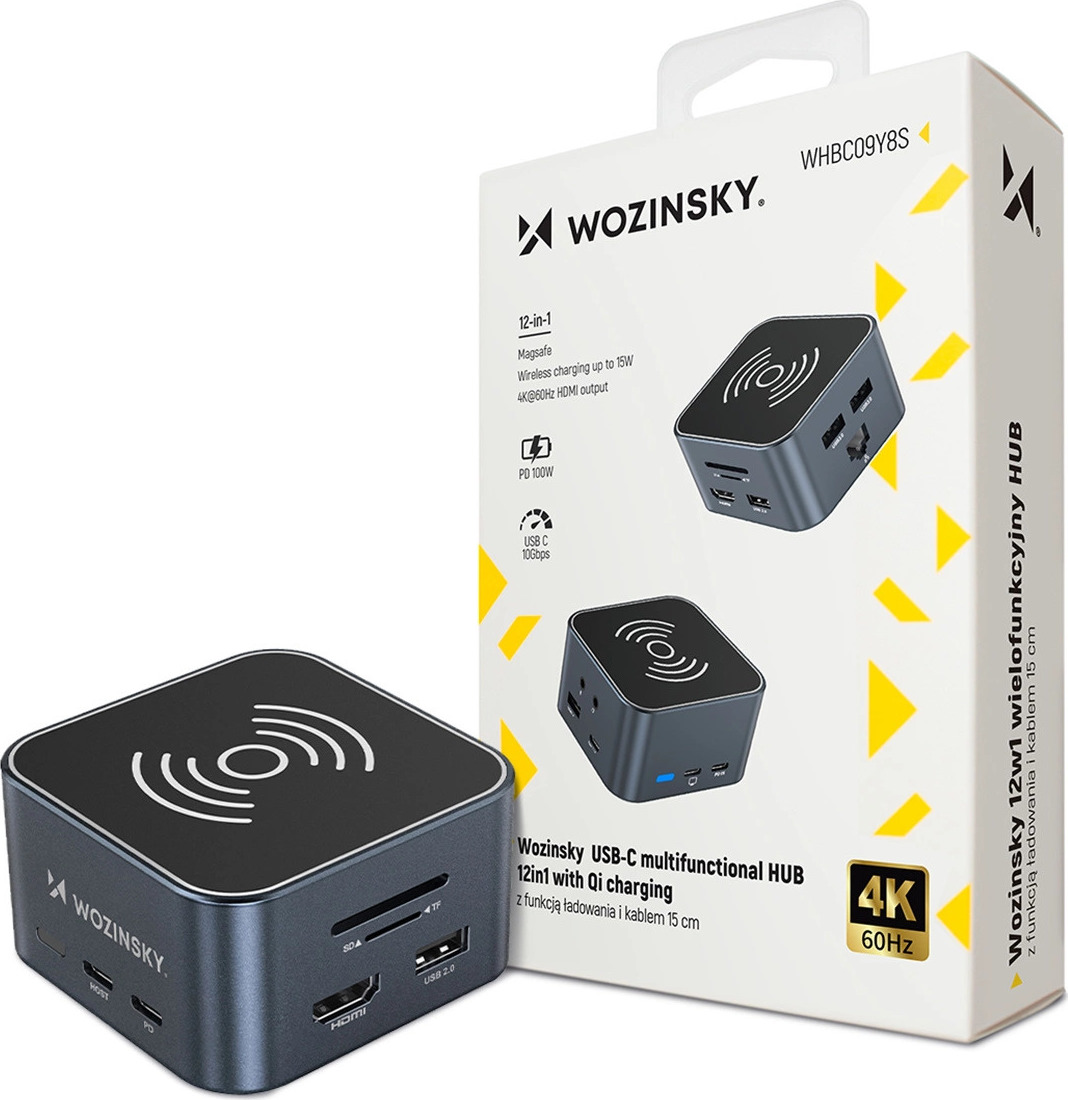 Hub USB-C 12 v 1 Wozinsky WHBC09Y8S multifunkční, s funkcí bezdrátového nabíjení, hliníkový, s 15cm kabelem - šedý