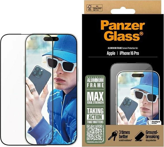 PanzerGlass Screen Protector Aluminum Frame iPhone 16 Pro 6.3" Ultra-Wide Fit 2850
