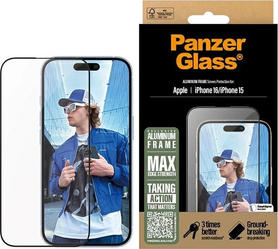 PanzerGlass Screen Protector Aluminum Frame iPhone 16 6.1" Ultra-Wide Fit 2849