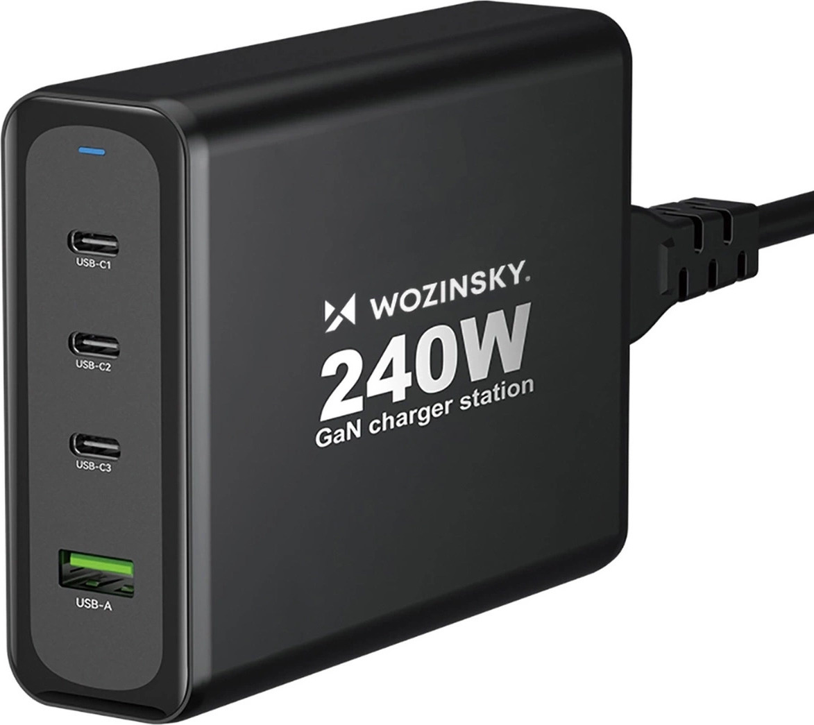 GaN Wozinsky WGCSB 240W USB-A / 3 x USB-C nástěnná nabíječka - černá