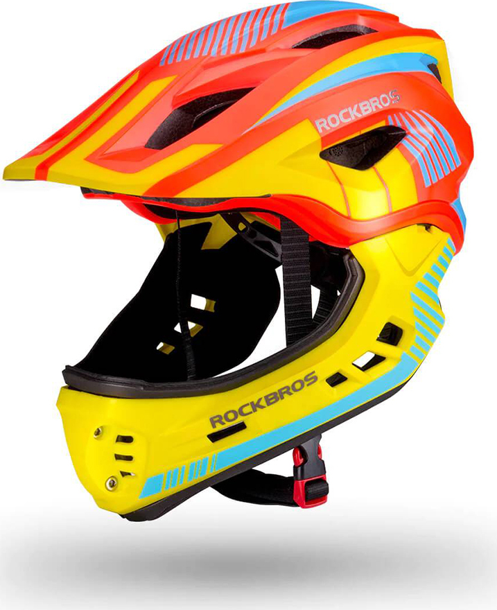 Dětská cyklistická helma Rockbros TT-32SOYB-S s odnímatelnou bradou, velikost S - žlutooranžová