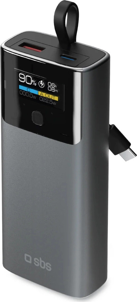 Powerbanka SBS 10000mAh PD 20W s LCD displejem a vestavěným kabelem USB-C - šedá