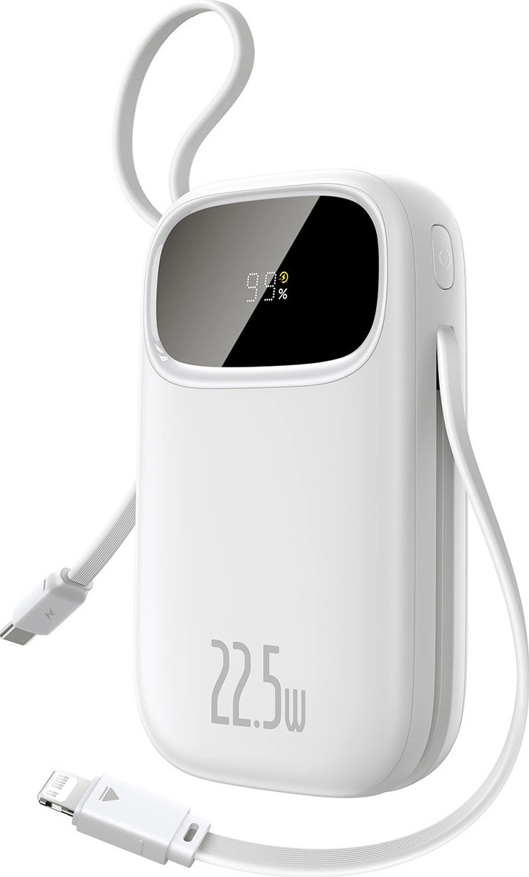 Powerbanka Baseus EnerFill FC31 20000mAh 22,5W s digitálním displejem a 2 vestavěnými kabely (USB-C + Lightning) - bílá