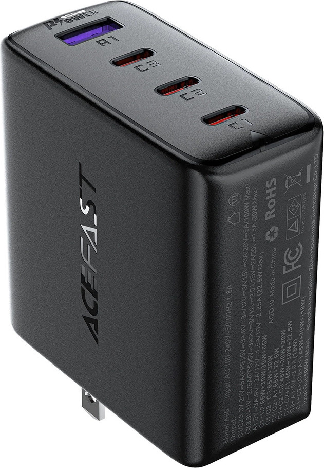 Nabíječka Acefast A96 PD100W GaN (3 x USB-C + 1x USB-A) s americkou zástrčkou - černá