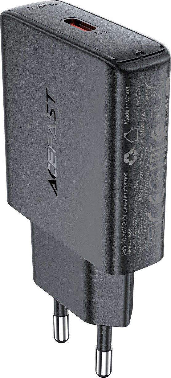 Acefast A65 PD 20W GaN USB-C ultra tenká nástěnná nabíječka - černá