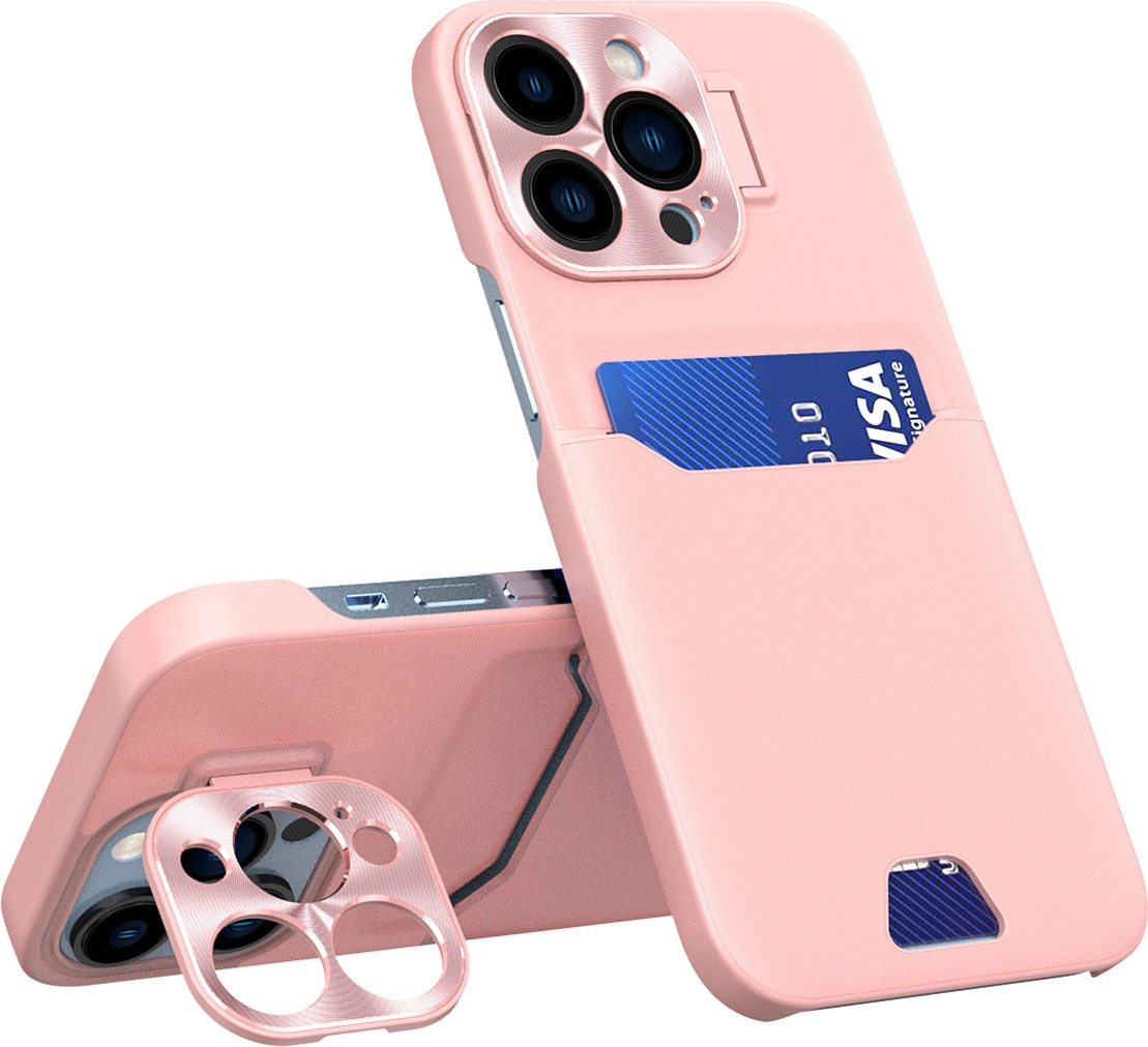 Kožené pouzdro s stojánkem pro iPhone 14 Pro Max s peněženkou na karty a stojánkem růžové