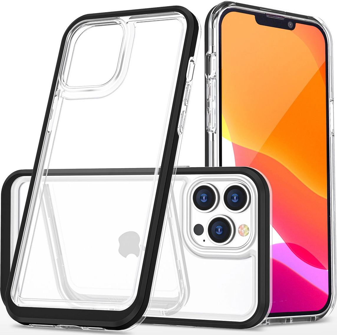 Průhledný silikonový kryt 3v1 pro iPhone 14 Pro Max s černým rámem