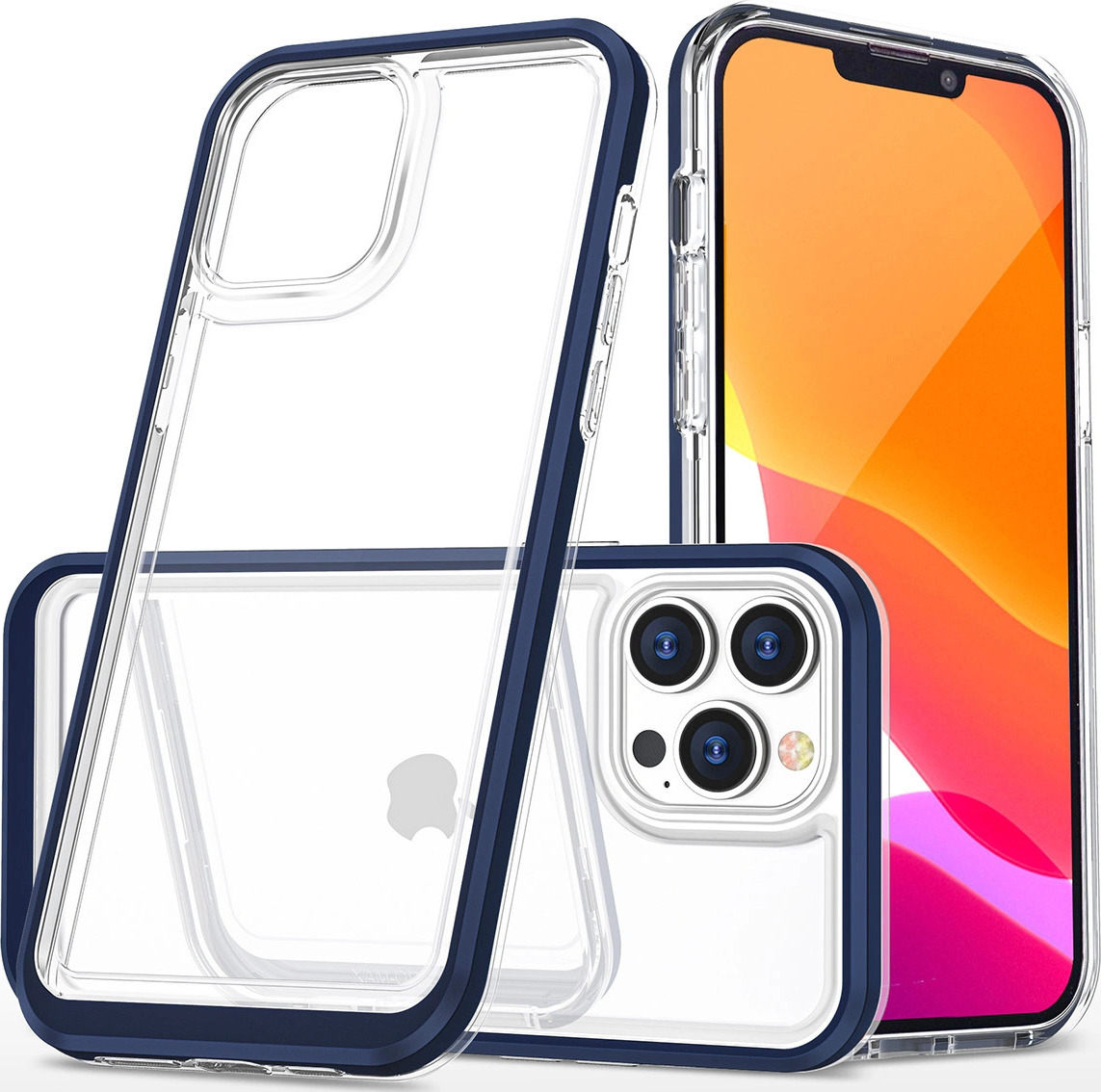 Průhledný silikonový kryt 3v1 pro iPhone 14 Pro Max s modrým rámečkem