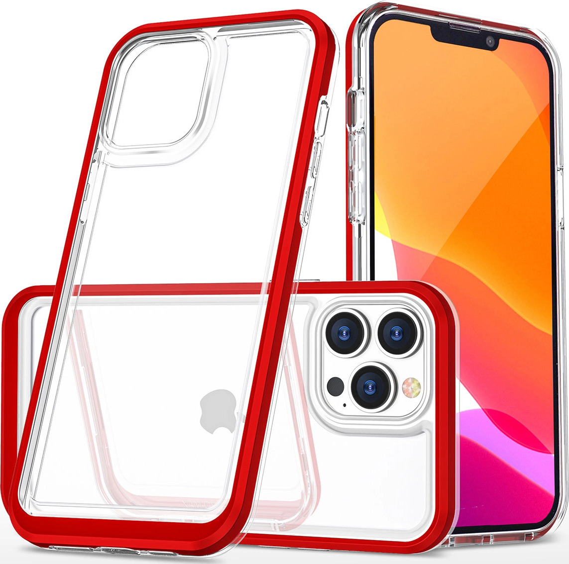 Průhledný silikonový kryt 3v1 pro iPhone 14 Pro Max s červeným rámečkem