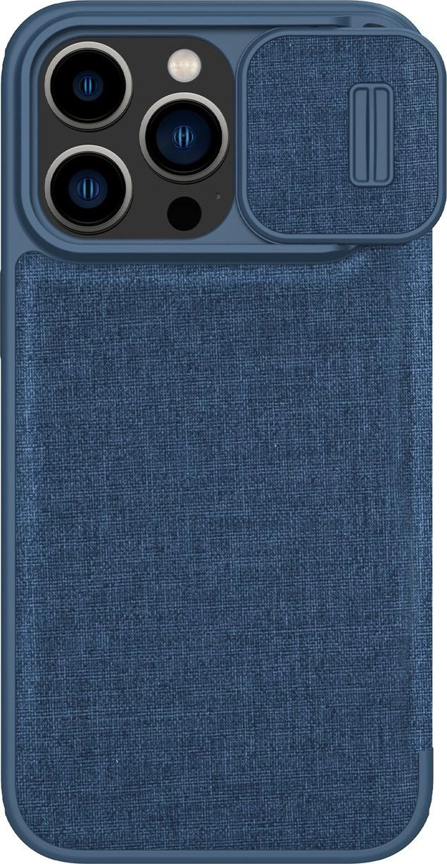 Nillkin Qin Cloth Pro Case pro iPhone 14 Pro Max, kryt fotoaparátu, flipové pouzdro, modré