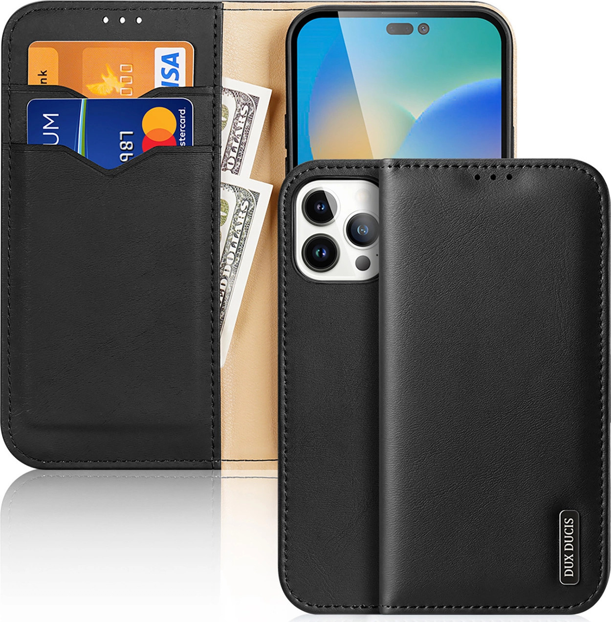 Kožené odklápěcí pouzdro Dux Ducis Hivo z pravé kůže na karty a dokumenty pro iPhone 14 Pro Max černé