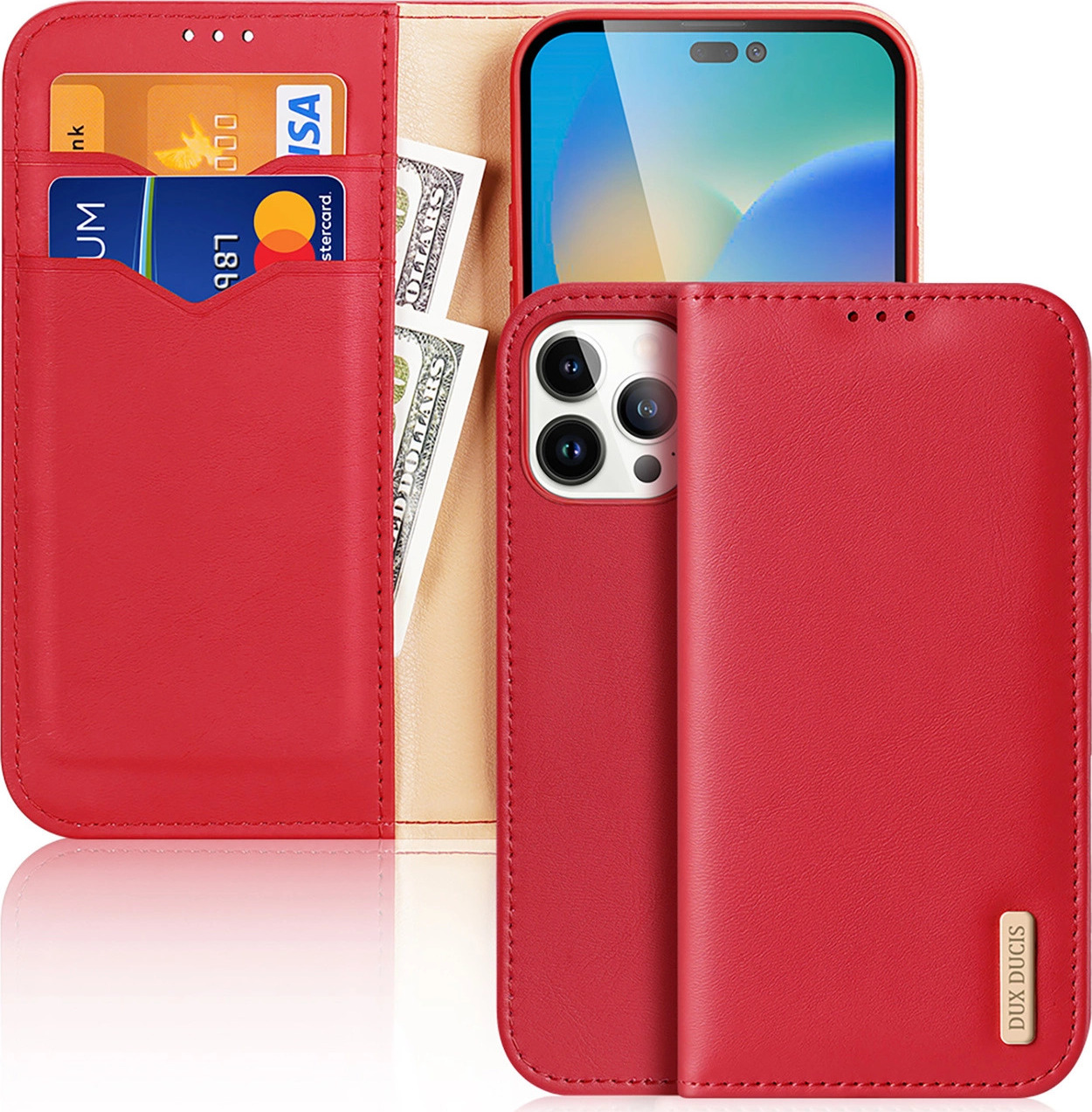 Kožené odklápěcí pouzdro Dux Ducis Hivo z pravé kůže na karty a dokumenty pro iPhone 14 Pro Max červené