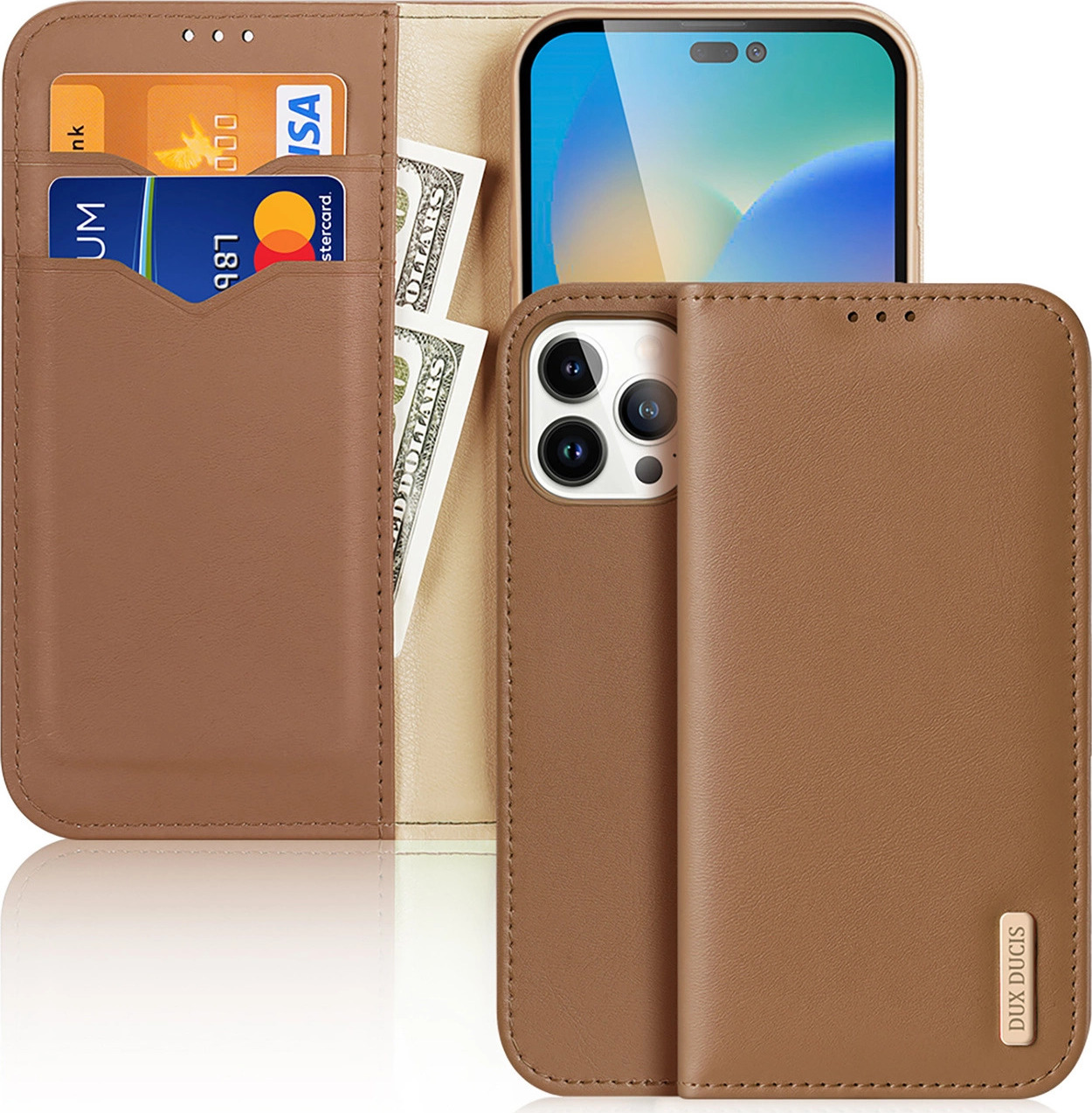 Kožené odklápěcí pouzdro Dux Ducis Hivo z pravé kůže na karty a dokumenty pro iPhone 14 Pro Max hnědé
