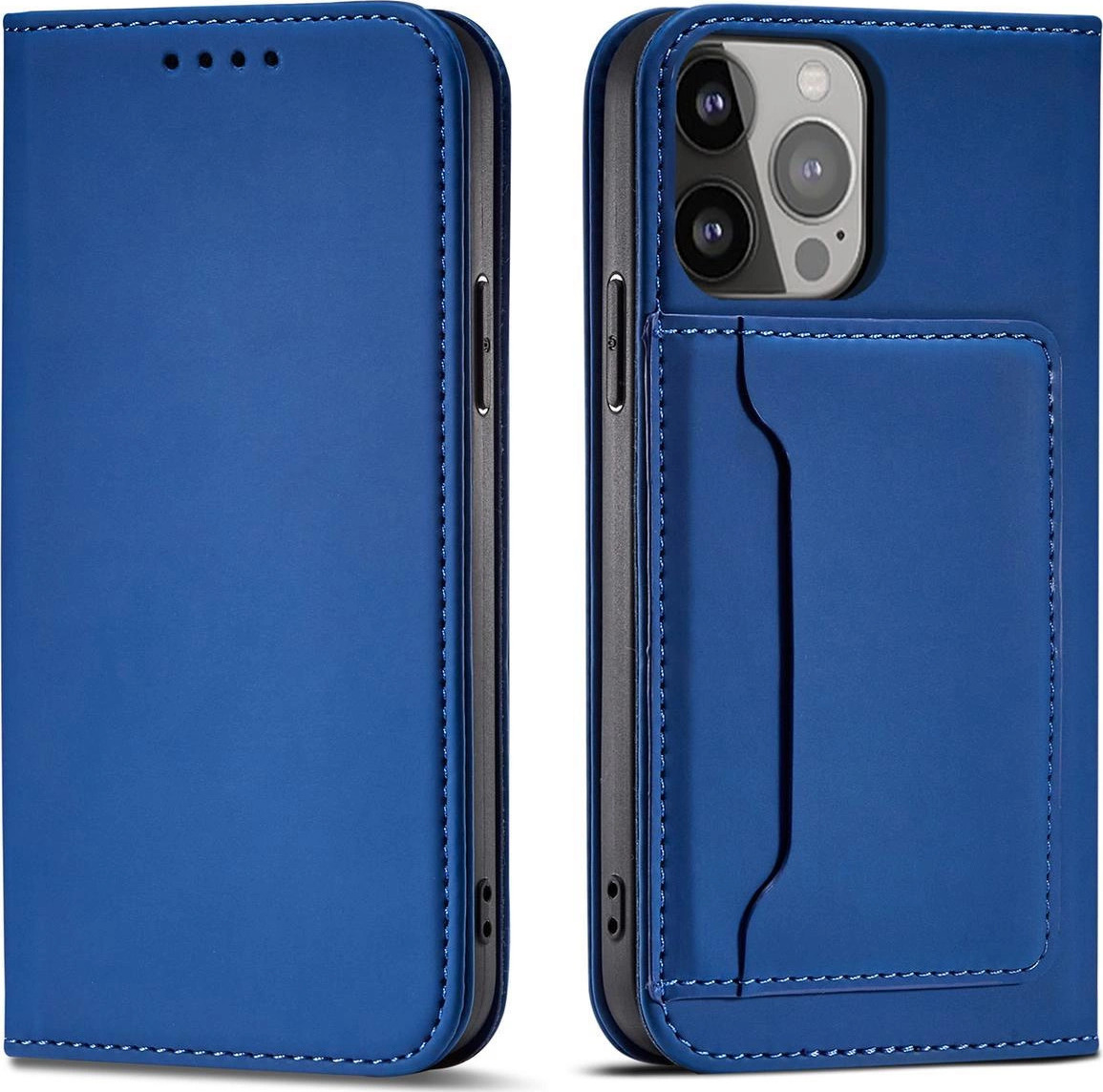 Pouzdro Magnet Card Case pro iPhone 14 Pro Max s výklopným krytem, peněženkou a stojánkem modré