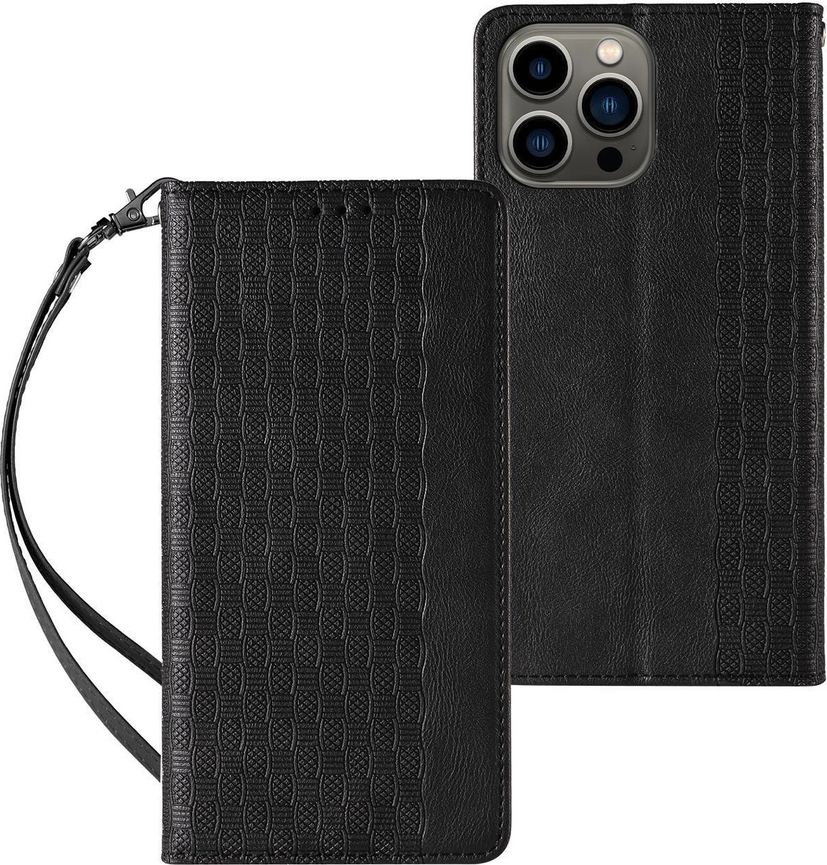 Magnetický pouzdro s poutkem pro iPhone 14 Pro Max, výklopná peněženka, mini stojánek, černá