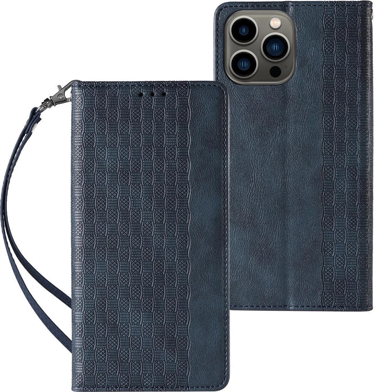 Magnetický pouzdro s popruhem pro iPhone 14 Pro Max, výklopná peněženka, mini stojánek, modrý