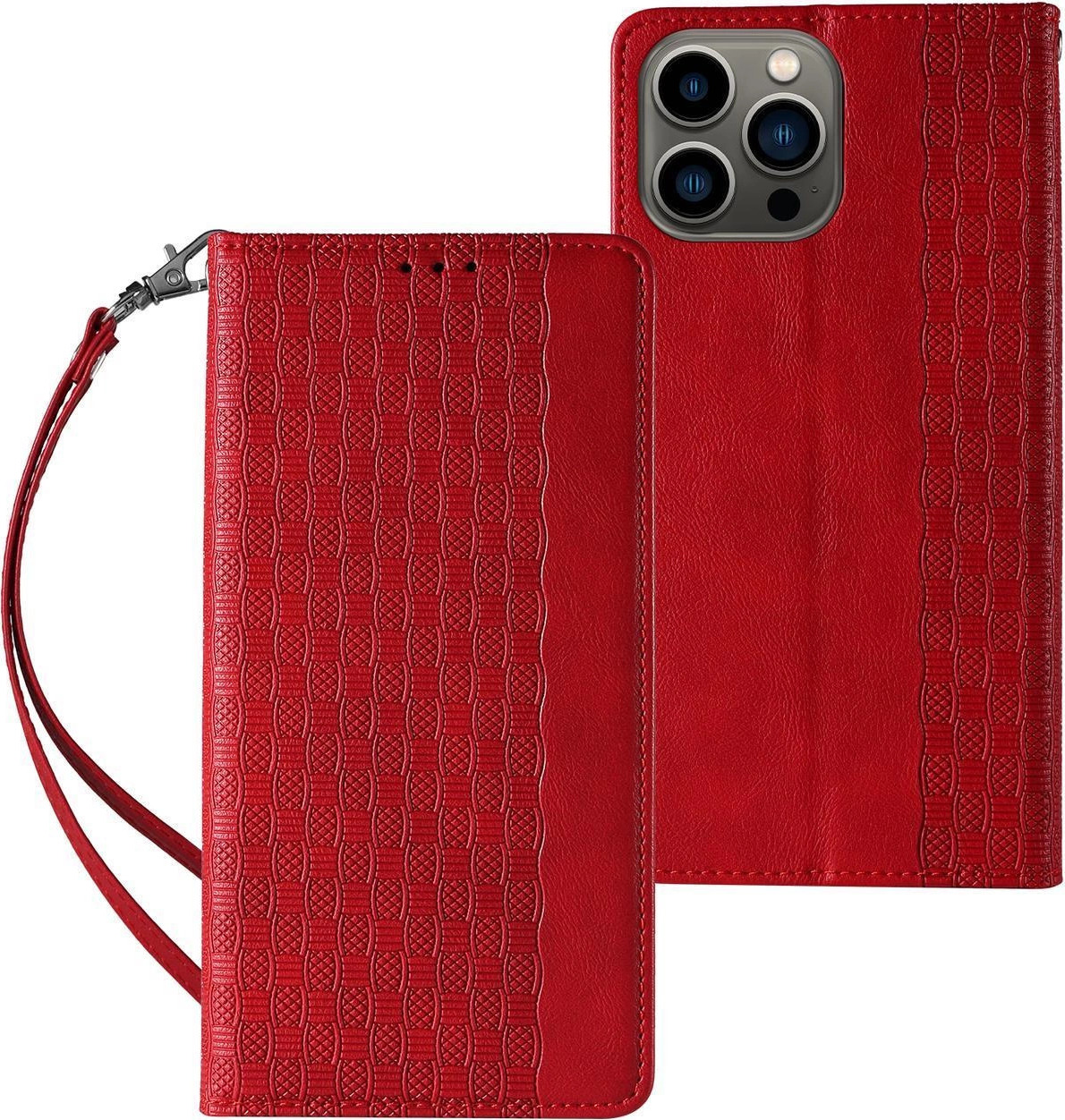 Magnetický pouzdro s poutkem pro iPhone 14 Pro Max, výklopná peněženka, mini stojánek, červená