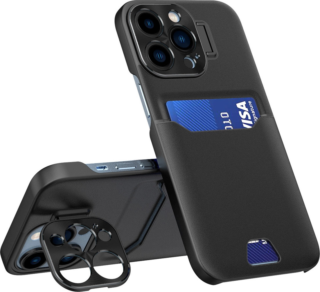 Kožené pouzdro s stojánkem pro iPhone 14 Pro Max, kryt, peněženka na karty se stojánkem, černé
