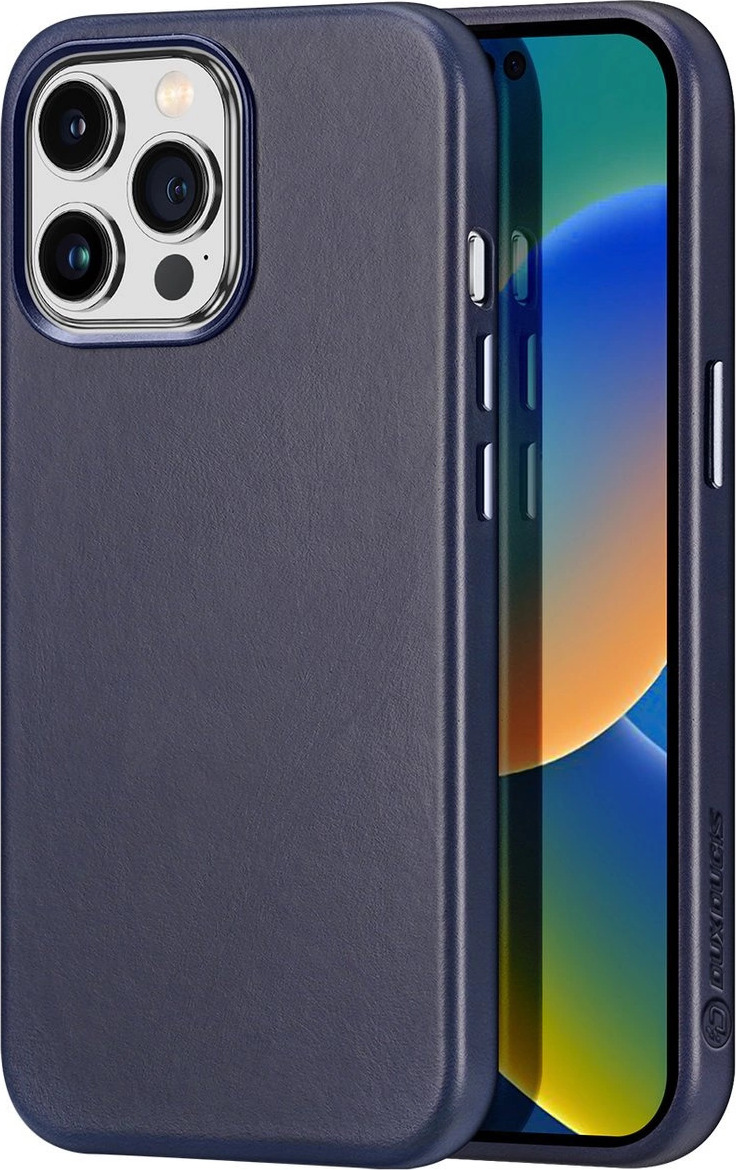 Kožené pouzdro Dux Ducis Naples pro iPhone 14 Pro Max s magnetickým uchycením a magnetem MagSafe modré