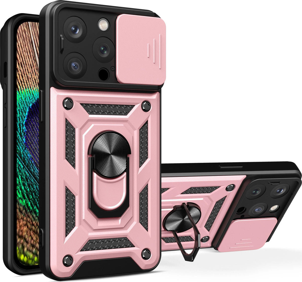Hybrid Armor Camshield kryt se stojánkem a krytem kamery pro iPhone 15 Pro - růžový