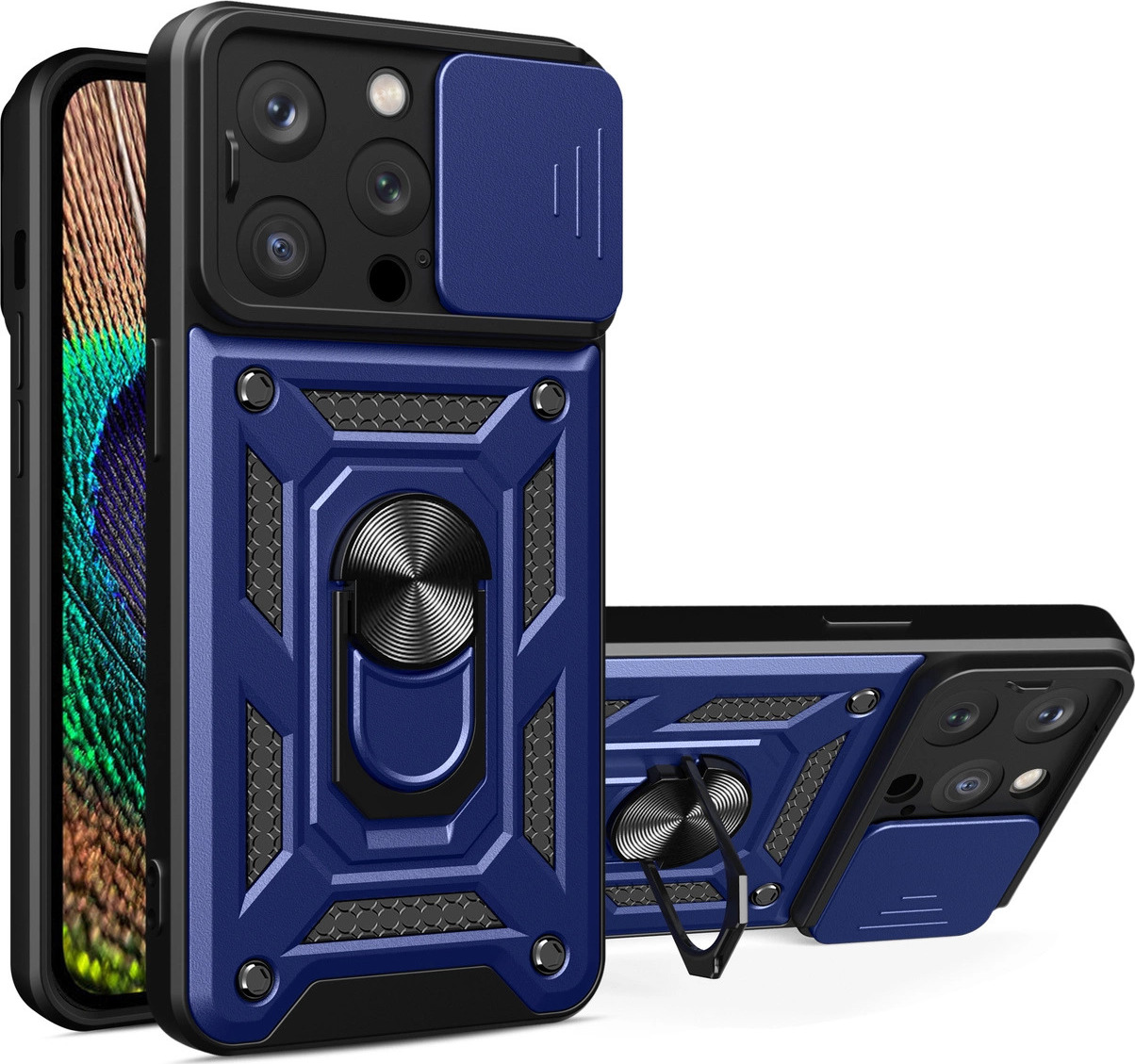 Hybrid Armor Camshield kryt pro iPhone 15 Pro se stojánkem a krytem kamery – modrý