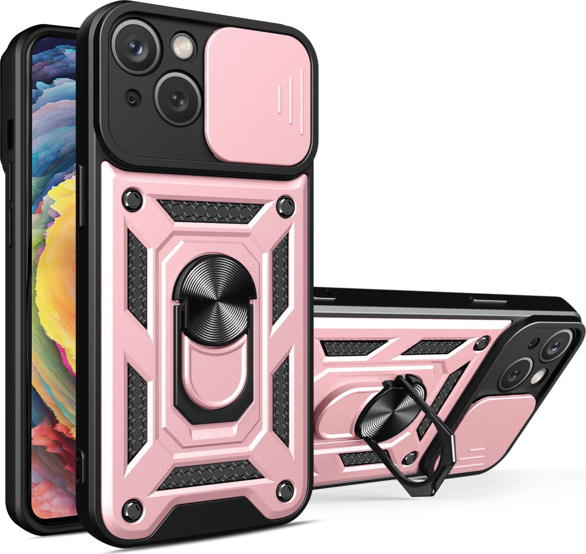 Hybridní kryt Camshield se stojánkem a krytem kamery pro iPhone 15 Plus – růžový