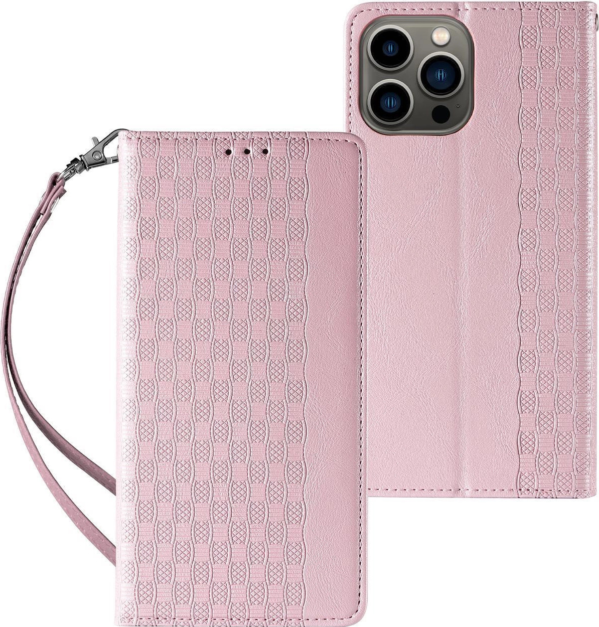 Pouzdro s magnetickým popruhem pro iPhone 14 Plus, výklopná peněženka, mini stojánek na šňůrku, růžová