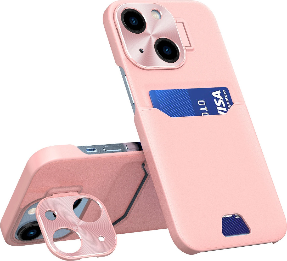 Kožené pouzdro s stojánkem pro iPhone 14 Plus, peněženka s kartami a stojánkem, růžové