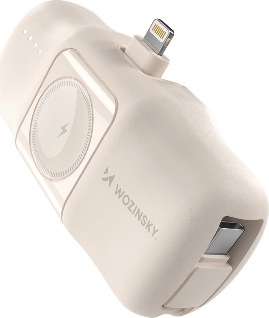 Wozinsky WF16-YLS 5000mAh 15W Lightning Mini Powerbanka s vestavěným kabelem USB-C a nabíječkou pro Apple Watch - béžová