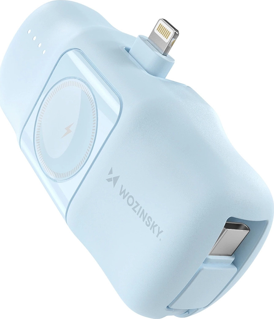 Wozinsky WF16-YLS 5000mAh 15W Lightning Mini Powerbanka s vestavěným kabelem USB-C a nabíječkou pro Apple Watch - modrá