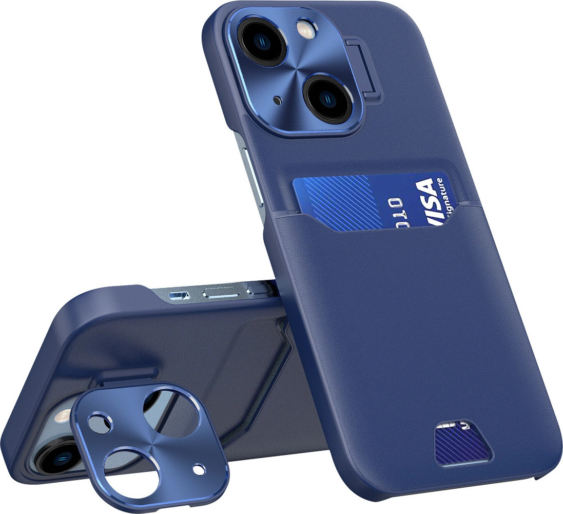 Kožené pouzdro s stojánkem pro iPhone 14, kryt, peněženka na karty se stojánkem modrá