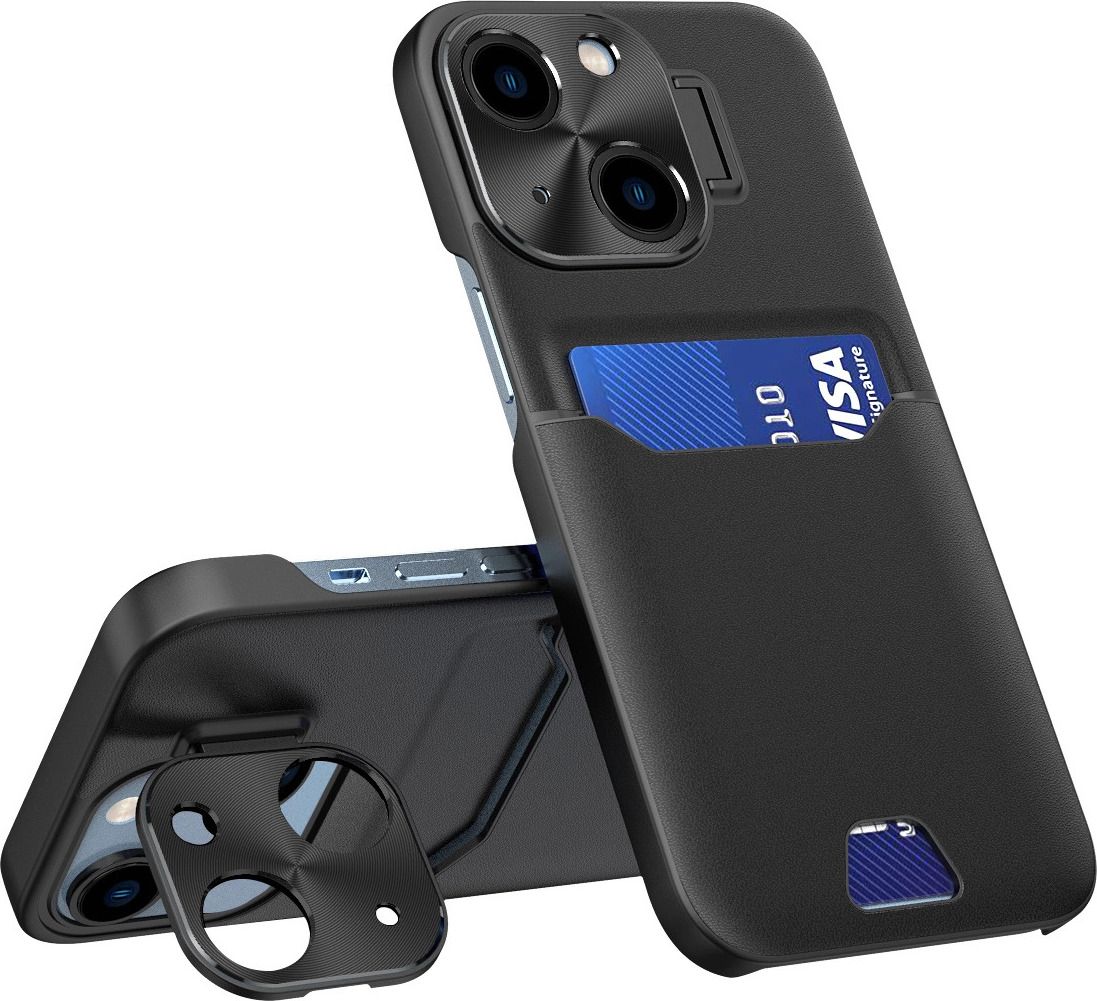 Kožené pouzdro a pouzdro na iPhone 14, kryt, peněženka na karty se stojánkem, černé